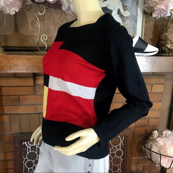 VINTAGE 1990'S PETITE SOPHISTICATE RED & BLACK W/METALLIC ACCENTS SWEATER (MP) - Picture 4 of 15